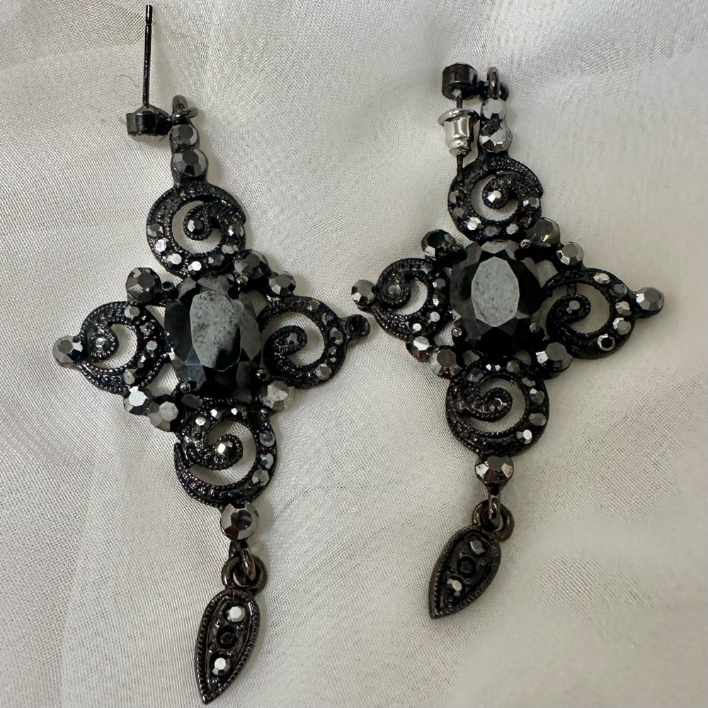 Vintage Statement Black Crystal Drop Earrings